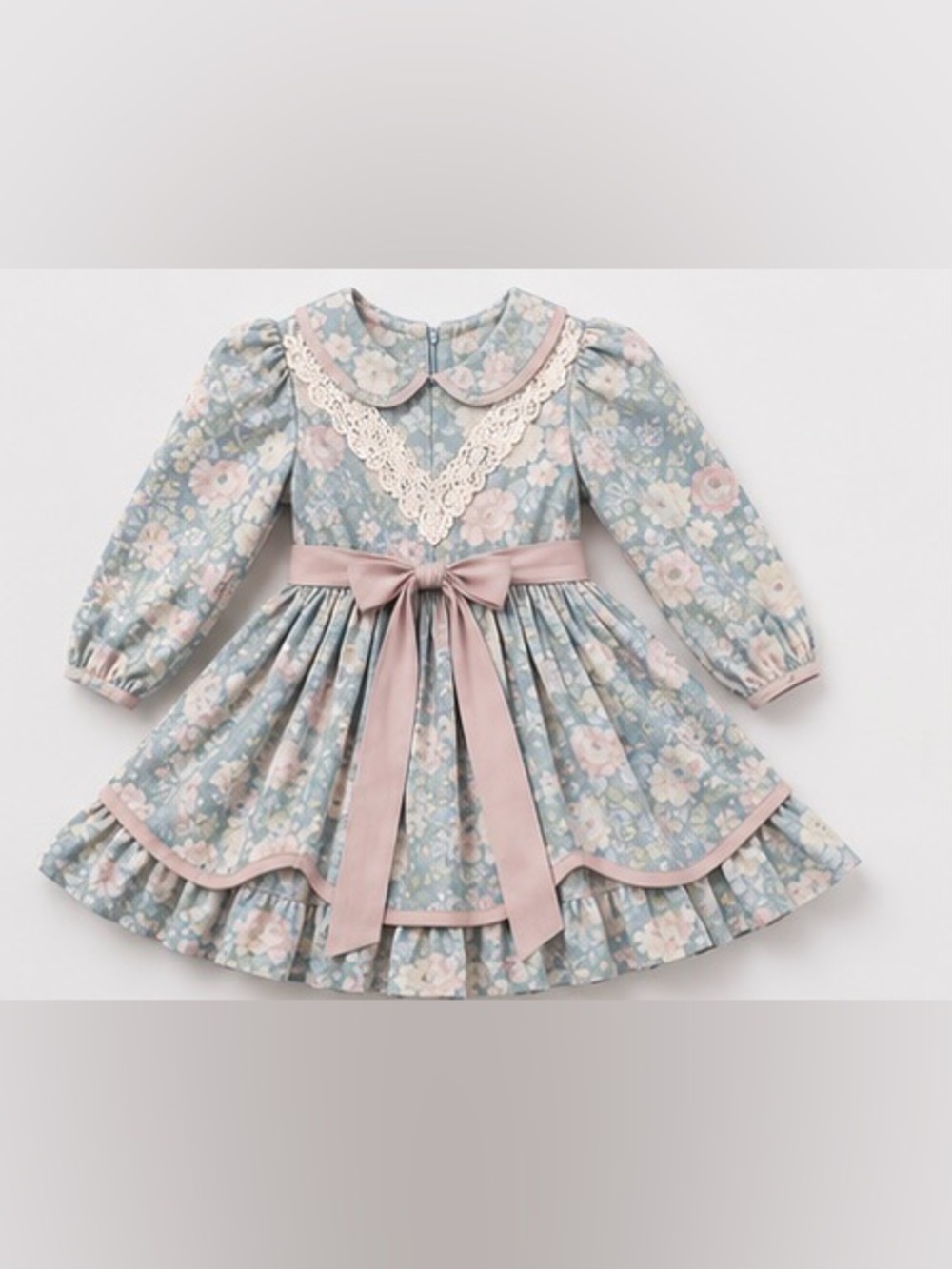 Floral Lace Collar Long-Sleeve Dress with Pink Bow - Kids - Picture 2 of 3